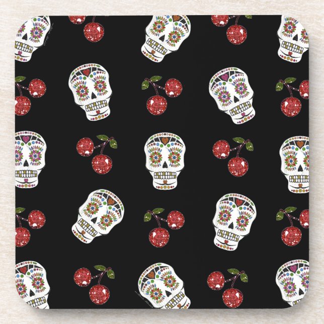RAB Rockabilly Sugar Skulls Cherries On Black Drink Coaster (Front)