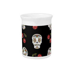RAB Rockabilly Sugar Skulls Cherries On Black Drink Pitcher
