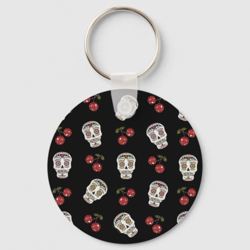 RAB Rockabilly Sugar Skulls Cherries On Black Keychain