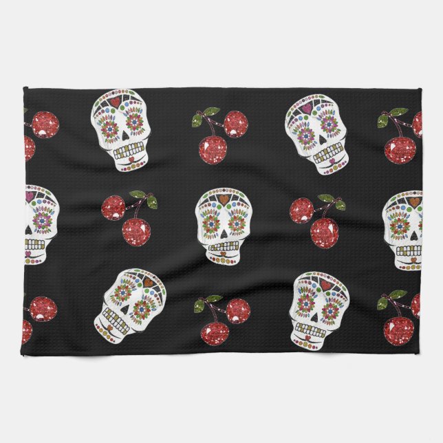 RAB Rockabilly Sugar Skulls Cherries On Black Kitchen Towel (Horizontal)