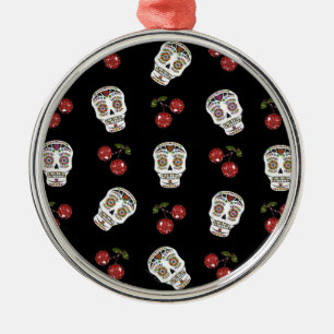 RAB Rockabilly Sugar Skulls Cherries On Black Metal Ornament