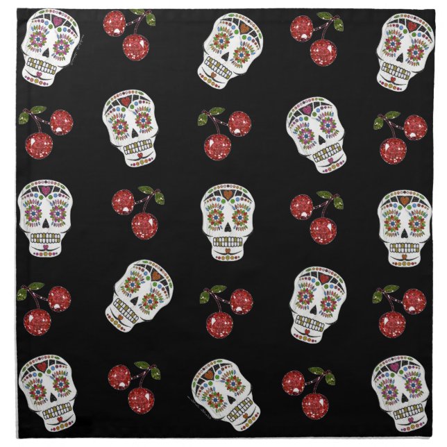 RAB Rockabilly Sugar Skulls Cherries On Black Napkin (Front)