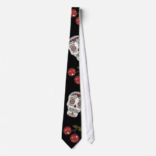 RAB Rockabilly Sugar Skulls Cherries On Black Neck Tie