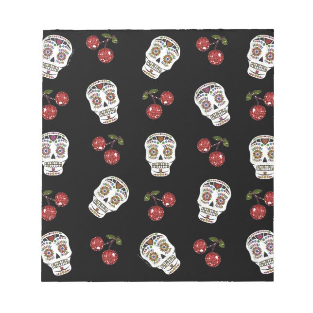 RAB Rockabilly Sugar Skulls Cherries On Black Notepad (Front)