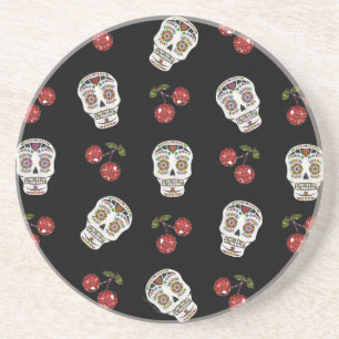 RAB Rockabilly Sugar Skulls Cherries On Black Sandstone Coaster