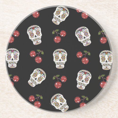 RAB Rockabilly Sugar Skulls Cherries On Black Sandstone Coaster