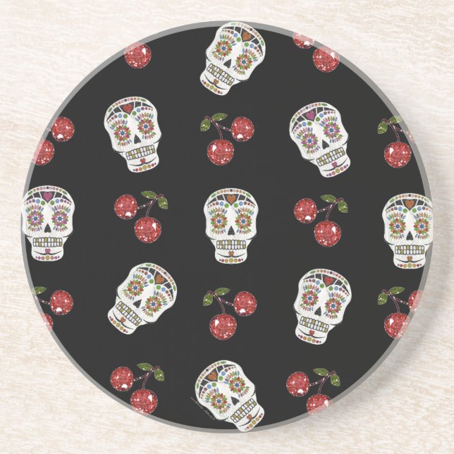 RAB Rockabilly Sugar Skulls Cherries On Black Sandstone Coaster (Front)