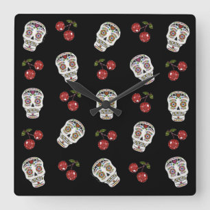 RAB Rockabilly Sugar Skulls Cherries On Black Square Wall Clock