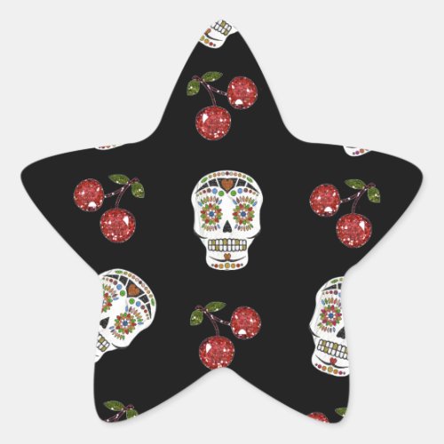 RAB Rockabilly Sugar Skulls Cherries On Black Star Sticker
