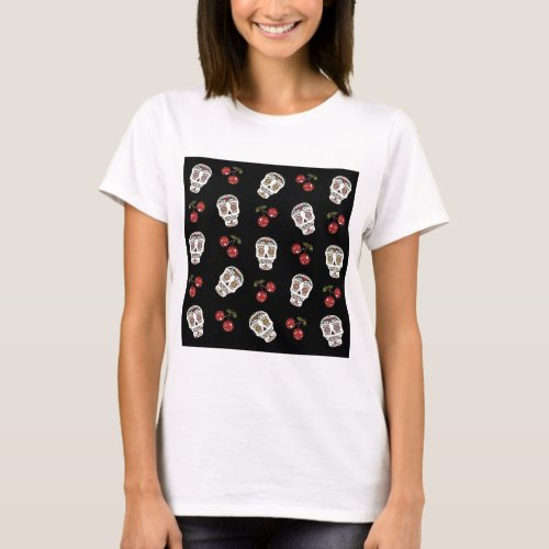 RAB Rockabilly Sugar Skulls Cherries On Black T_Shirt