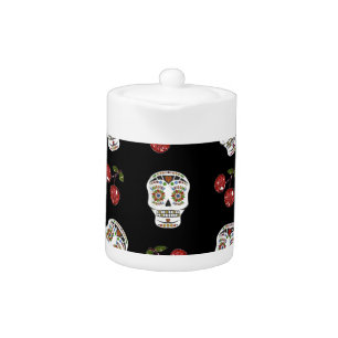 RAB Rockabilly Sugar Skulls Cherries On Black Teapot