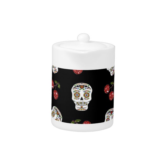 RAB Rockabilly Sugar Skulls Cherries On Black Teapot (Front)