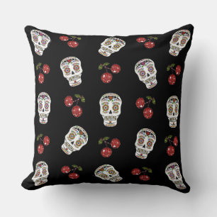 RAB Rockabilly Sugar Skulls Cherries On Black Throw Pillow
