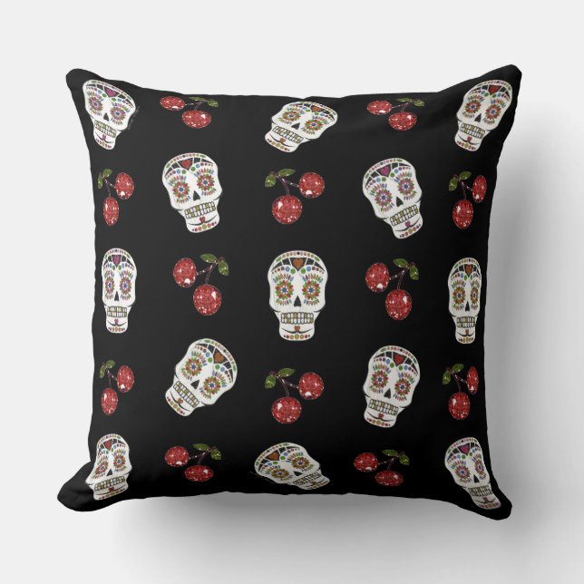 RAB Rockabilly Sugar Skulls Cherries On Black Throw Pillow (Front)