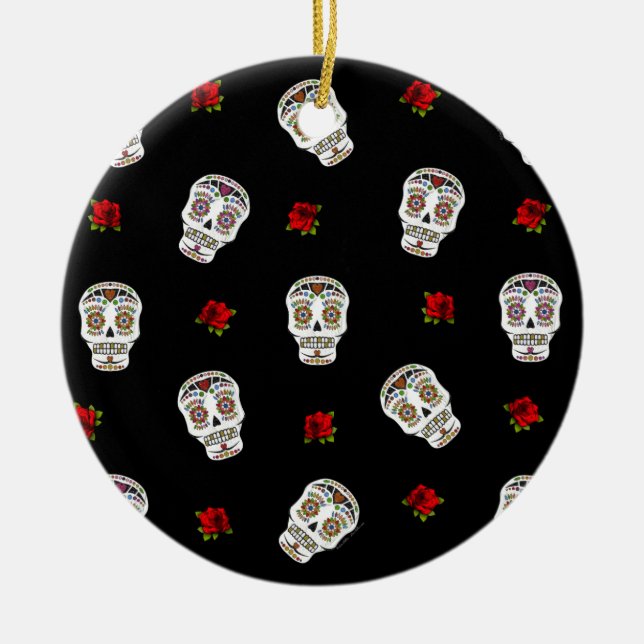 RAB Rockabilly Sugar Skulls Roses On Black Ceramic Ornament (Front)