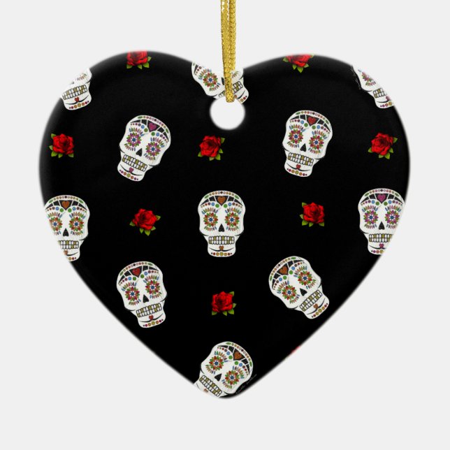 RAB Rockabilly Sugar Skulls Roses On Black Ceramic Ornament (Front)