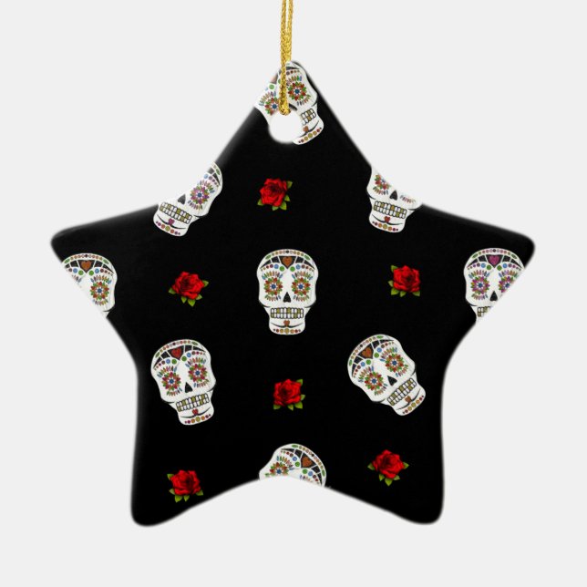 RAB Rockabilly Sugar Skulls Roses On Black Ceramic Ornament (Front)
