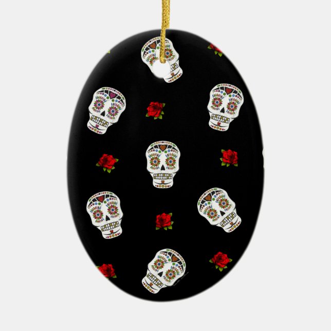 RAB Rockabilly Sugar Skulls Roses On Black Ceramic Ornament (Front)