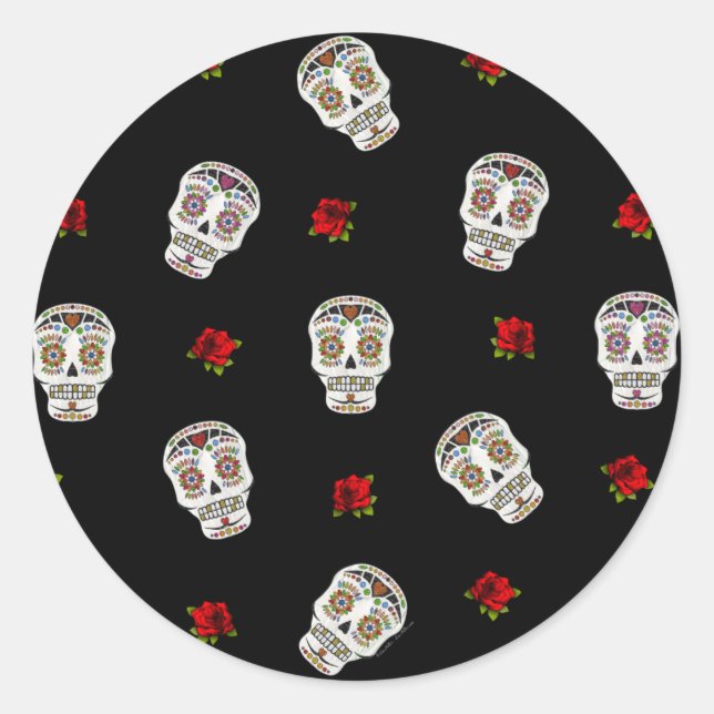RAB Rockabilly Sugar Skulls Roses On Black Classic Round Sticker (Front)