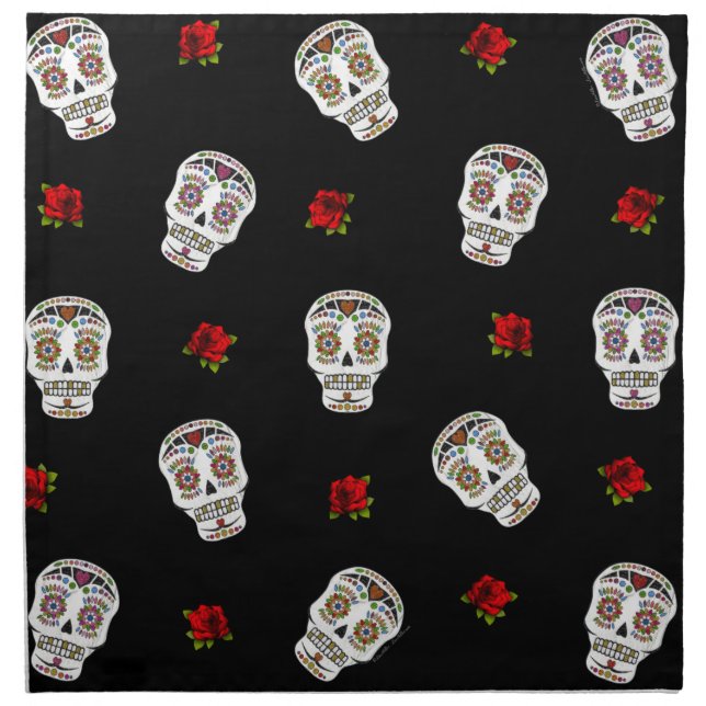 RAB Rockabilly Sugar Skulls Roses On Black Cloth Napkin (Front)