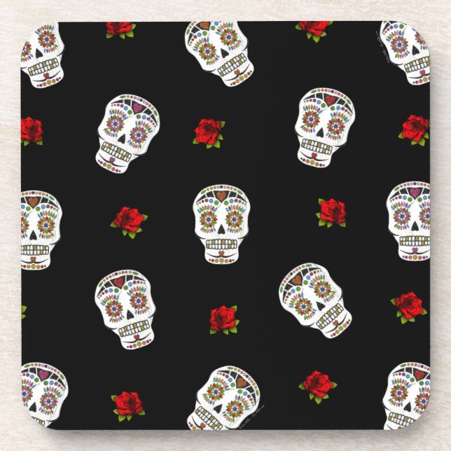 RAB Rockabilly Sugar Skulls Roses On Black Drink Coaster (Front)