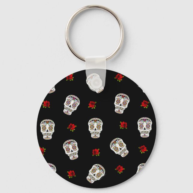 RAB Rockabilly Sugar Skulls Roses On Black Keychain (Front)