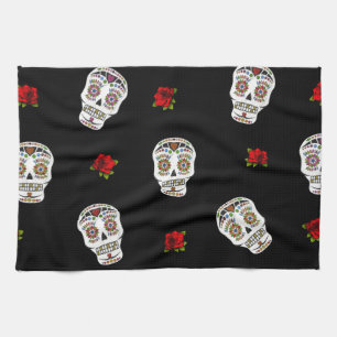 RAB Rockabilly Sugar Skulls Roses On Black Kitchen Towel