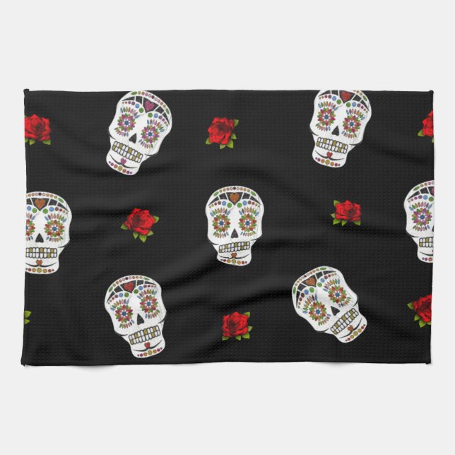 RAB Rockabilly Sugar Skulls Roses On Black Kitchen Towel (Horizontal)