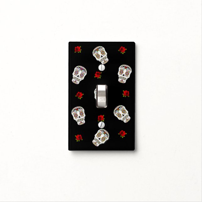 RAB Rockabilly Sugar Skulls Roses On Black Light Switch Cover (In Situ)