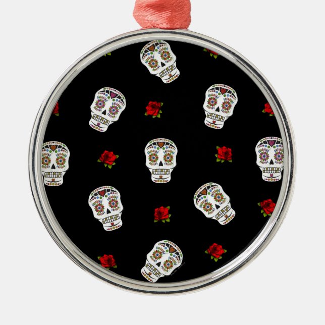 RAB Rockabilly Sugar Skulls Roses On Black Metal Ornament (Front)