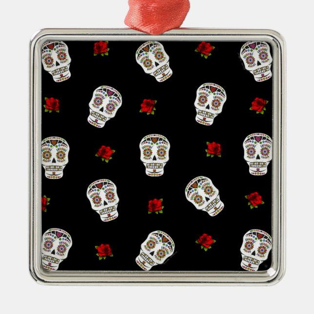 RAB Rockabilly Sugar Skulls Roses On Black Metal Ornament (Front)