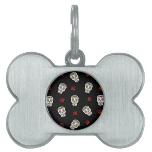 RAB Rockabilly Sugar Skulls Roses On Black Pet Name Tag