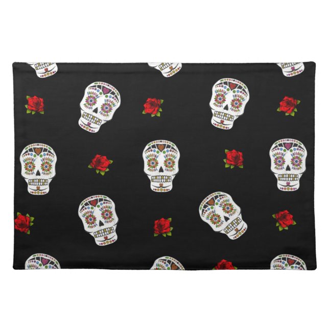 RAB Rockabilly Sugar Skulls Roses On Black Placemat (Front)