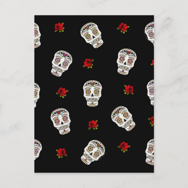 RAB Rockabilly Sugar Skulls Roses On Black Postcard (Front)