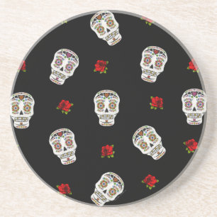 RAB Rockabilly Sugar Skulls Roses On Black Sandstone Coaster