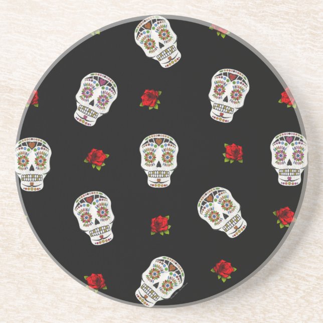 RAB Rockabilly Sugar Skulls Roses On Black Sandstone Coaster (Front)