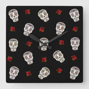 RAB Rockabilly Sugar Skulls Roses On Black Square Wall Clock