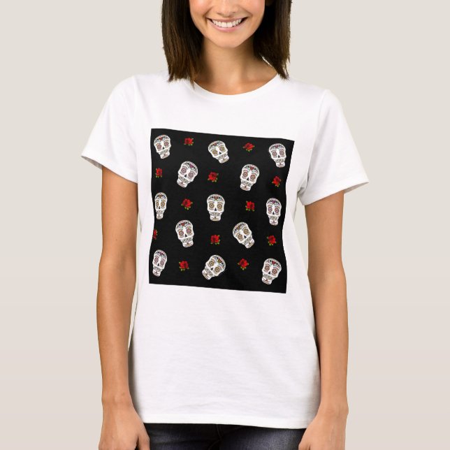 RAB Rockabilly Sugar Skulls Roses On Black T-Shirt (Front)
