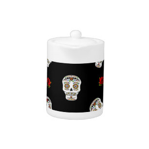 RAB Rockabilly Sugar Skulls Roses On Black Teapot