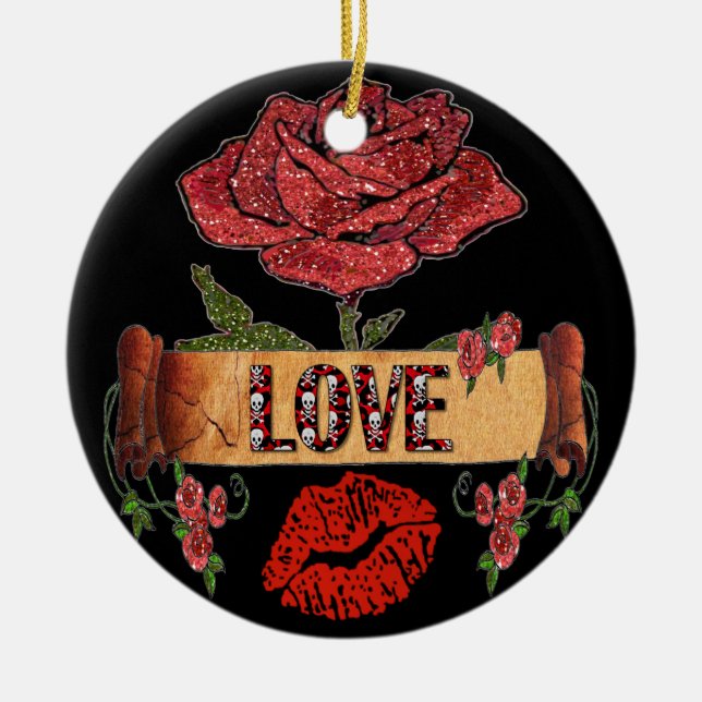 RAB Rockabilly Valentine Roses, Love & Lipstick Ceramic Ornament (Front)