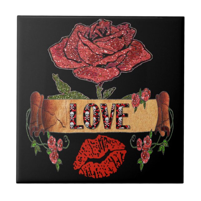 RAB Rockabilly Valentine Roses, Love & Lipstick Ceramic Tile (Front)