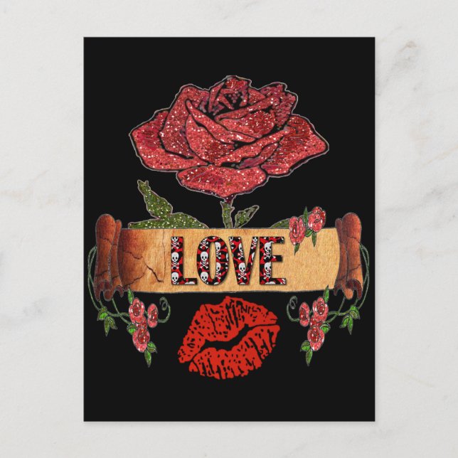 RAB Rockabilly Valentine Roses, Love & Lipstick Holiday Postcard (Front)