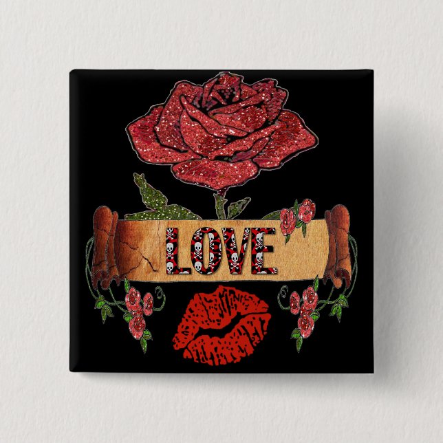 RAB Rockabilly Valentine Roses, Love & Lipstick Pinback Button (Front)