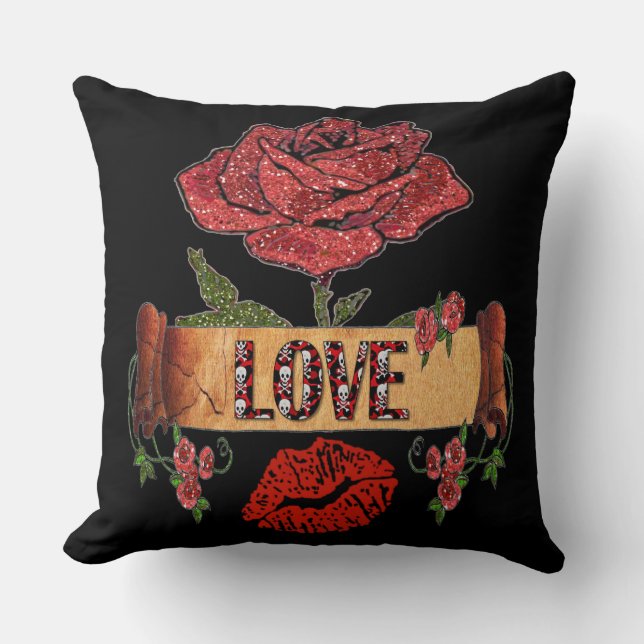 RAB Rockabilly Valentine Roses, Love & Lipstick Throw Pillow (Front)