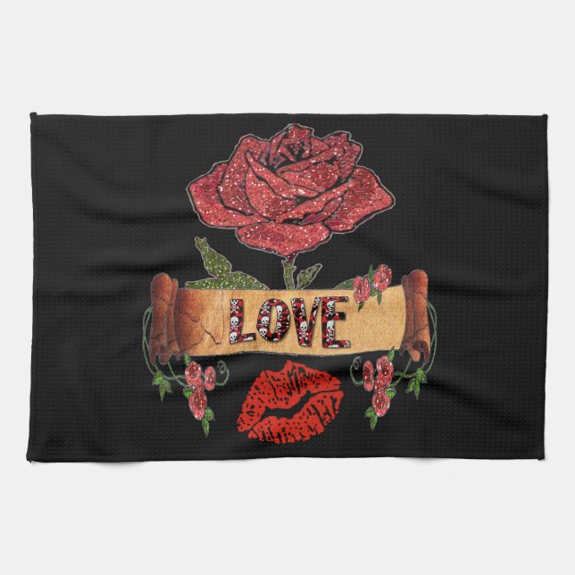 RAB Rockabilly Valentine Roses, Love & Lipstick Towel (Horizontal)
