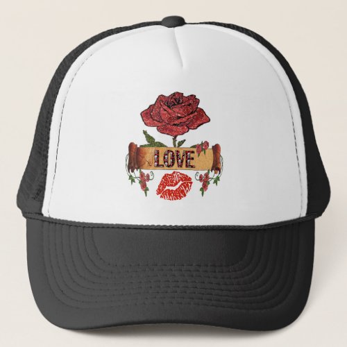 RAB Rockabilly Valentine Roses Love  Lipstick Trucker Hat