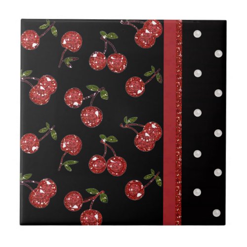 RAB Rockabilly Very Cherry Cherries Black Ceramic Tile
