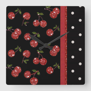 RAB Rockabilly Very Cherry Cherries Black Square Wall Clock