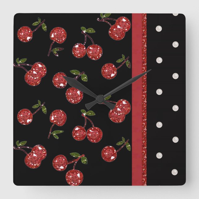 RAB Rockabilly Very Cherry Cherries Black Square Wall Clock (Front)