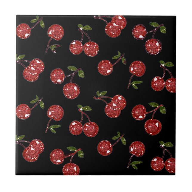 RAB Rockabilly Very Cherry Cherries On Black Ceramic Tile (Front)